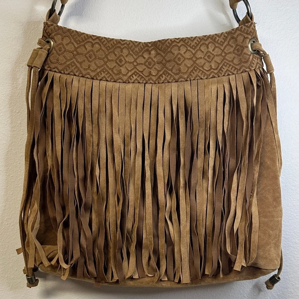 Roxy Faux Suede Tan Fringe Shoulder Boho Bag - Picture 2 of 13
